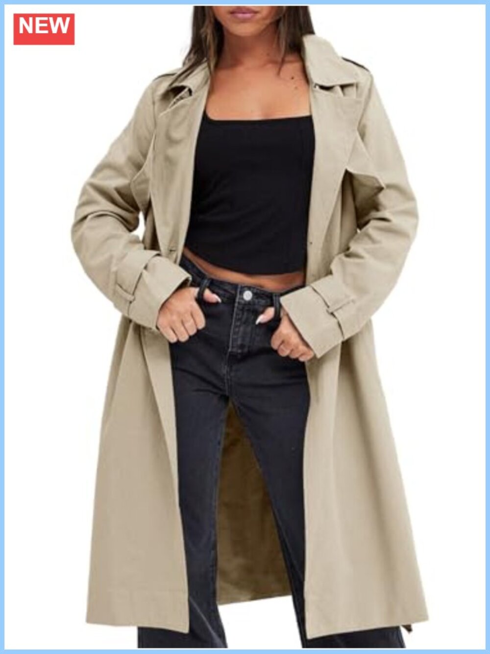 Women's Double Breasted Trench Coat Long Lapel Overcoat with Belt 100% Polyester